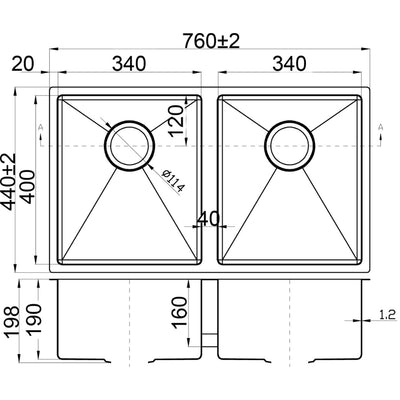 IKON EDEN DOUBLE BOWL UNDERMOUNT SINK STAINLESS STEEL 760MM