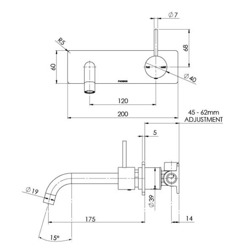 PHOENIX VIVID SLIMLINE UP LEAD FREE BASIN BATH WALL MIXER SET 200MM BRUSHED CARBON