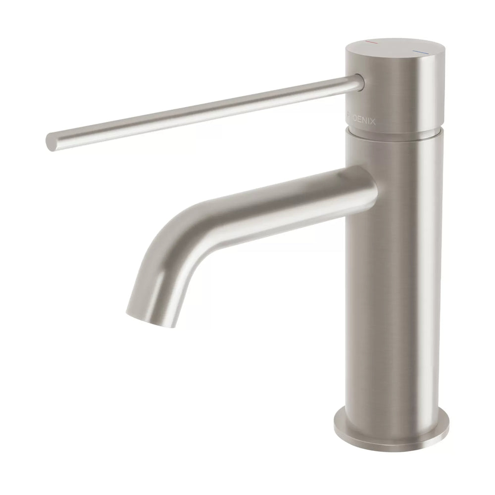 PHOENIX VIVID SLIMLINE LEAD FREE BASIN MIXER CURVED OUTLET WITH EXTENDED LEVER 165MM BRUSHED NICKEL