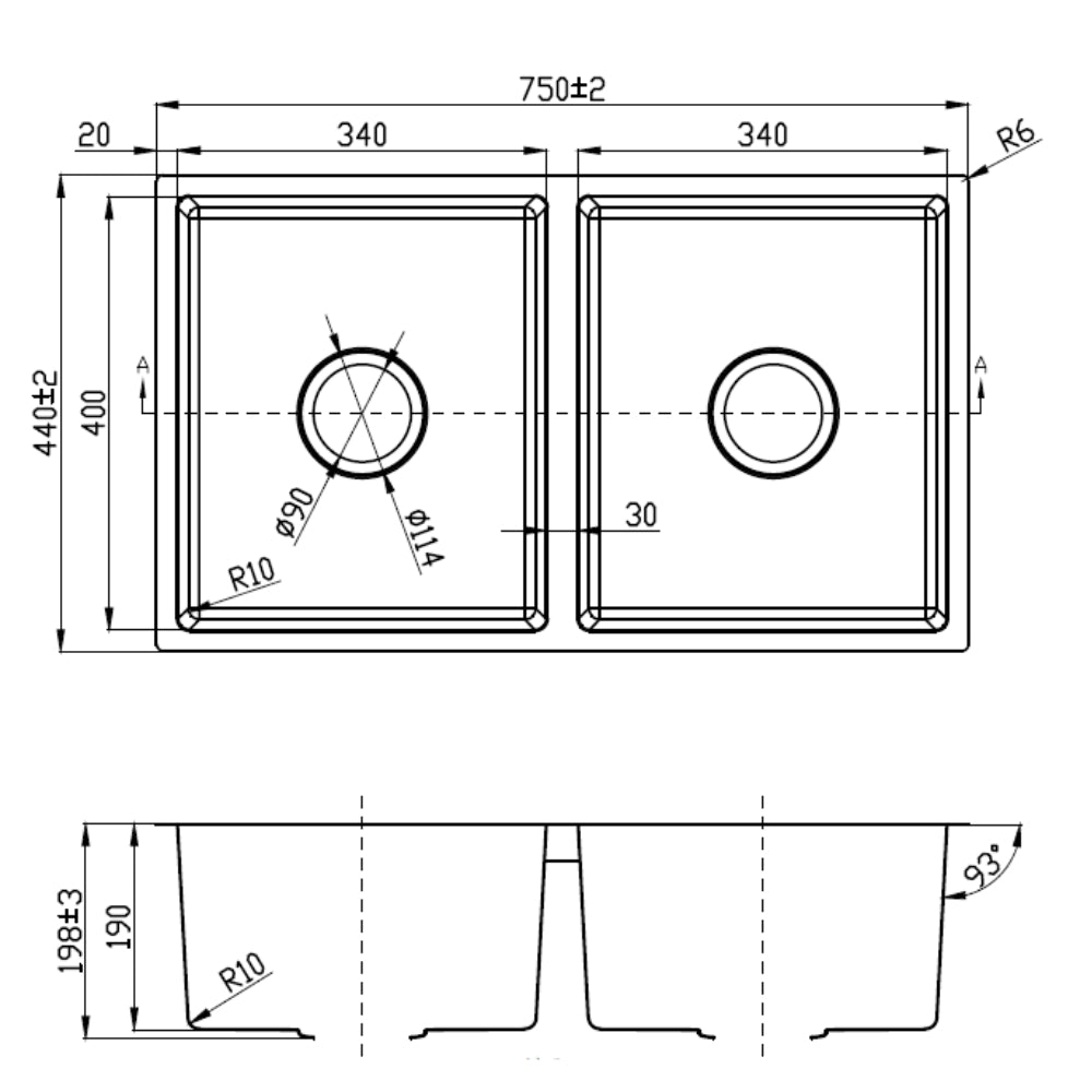 IKON CORA DOUBLE BOWL UNDERMOUNT SINK STAINLESS STEEL 750MM