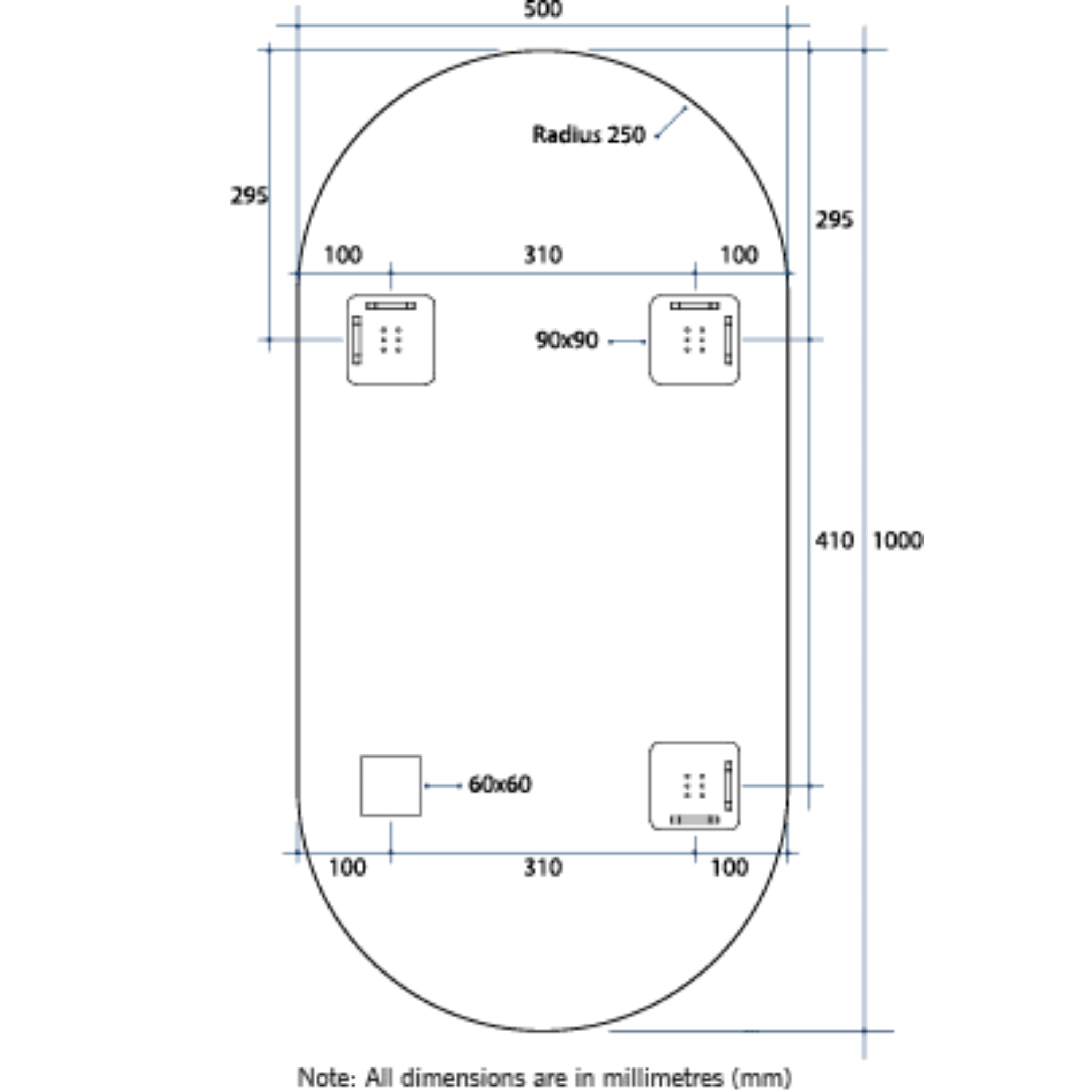 THERMOGROUP ABLAZE PILL SHAPE MIRROR WITH HANGERS INCLUDING DEMISTER 500X1000MM
