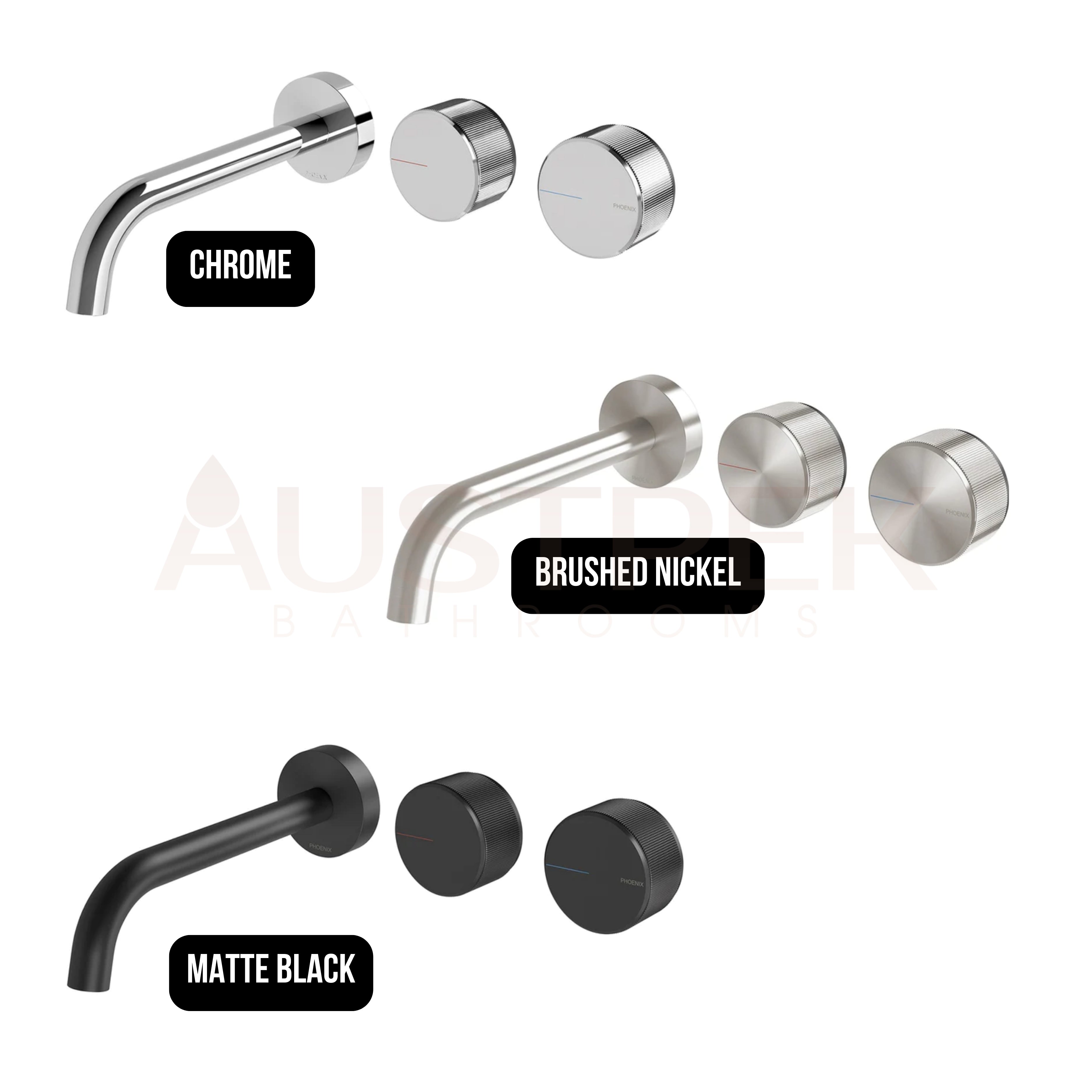 PHOENIX AXIA WALL BASIN BATH CURVED OUTLET HOSTESS SET 180MM BRUSHED NICKEL