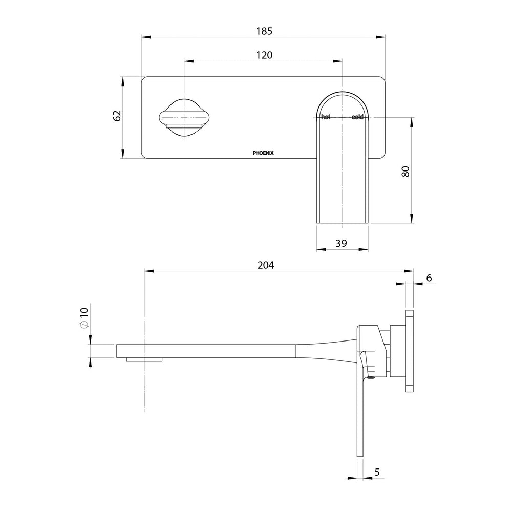 PHOENIX TEEL SWITCHMIX LEAD FREE WALL BASIN / BATH MIXER SET FIT-OFF AND ROUGH-IN KIT 185MM BRUSHED CARBON