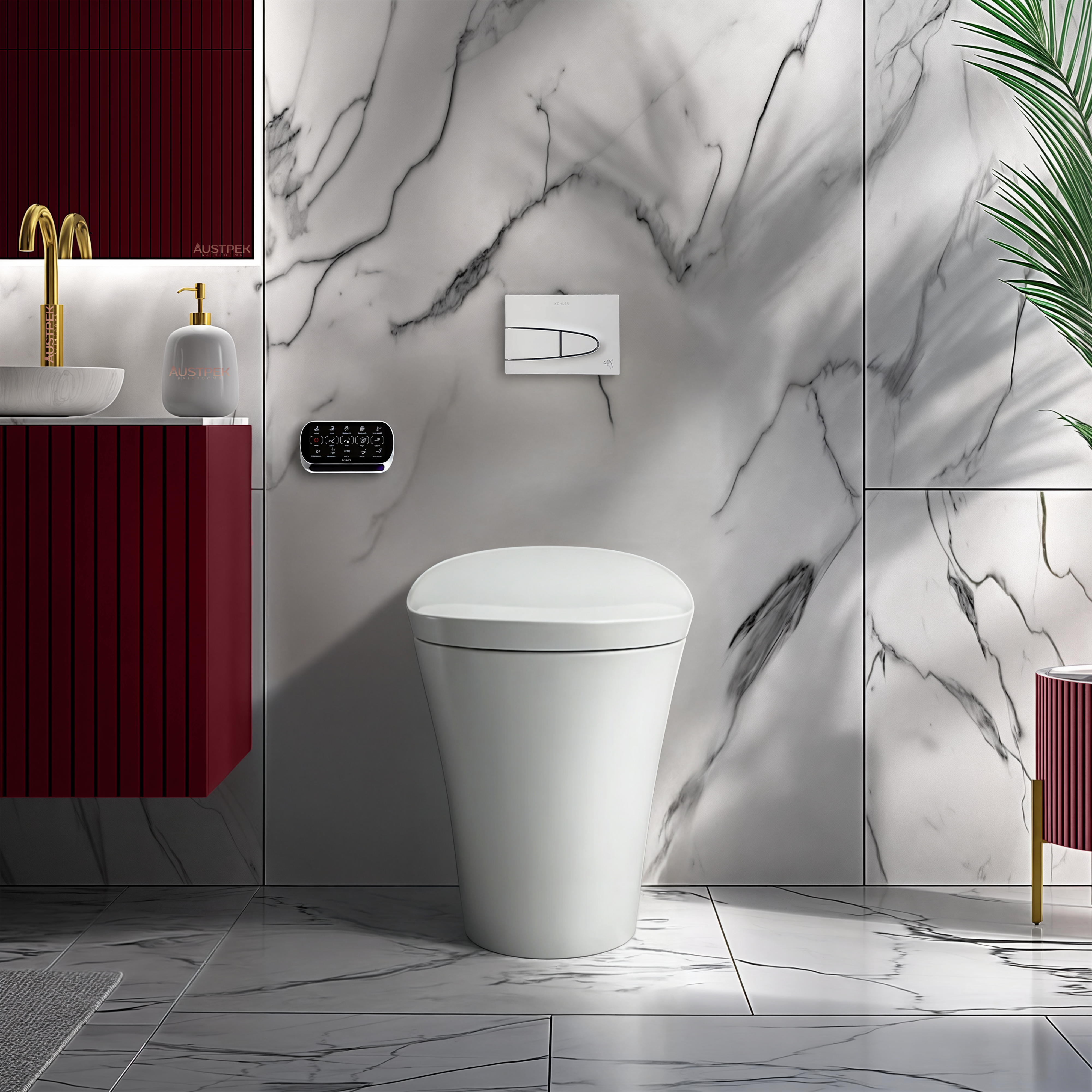 KOHLER VEIL INTELLIGENT RIMLESS WALL FACED TOILET W/ BLUETOOTH REMOTE WASHLET PACKAGE ELONGATED GLOSS WHITE