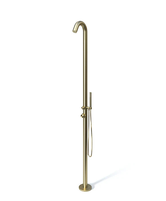 RAINWARE MAROUBRA FREESTANDING OUTDOOR HOT AND COLD SHOWER AND HANDHELD BRUSHED BRASS