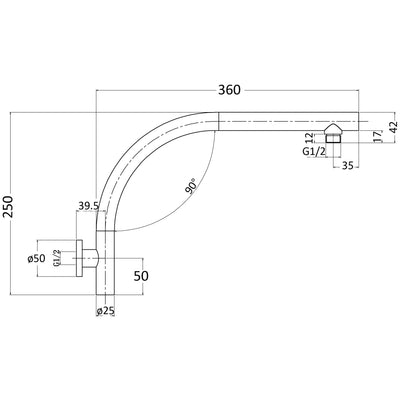 IKON ROUND CURVED SHOWER ARM 360MM CHROME
