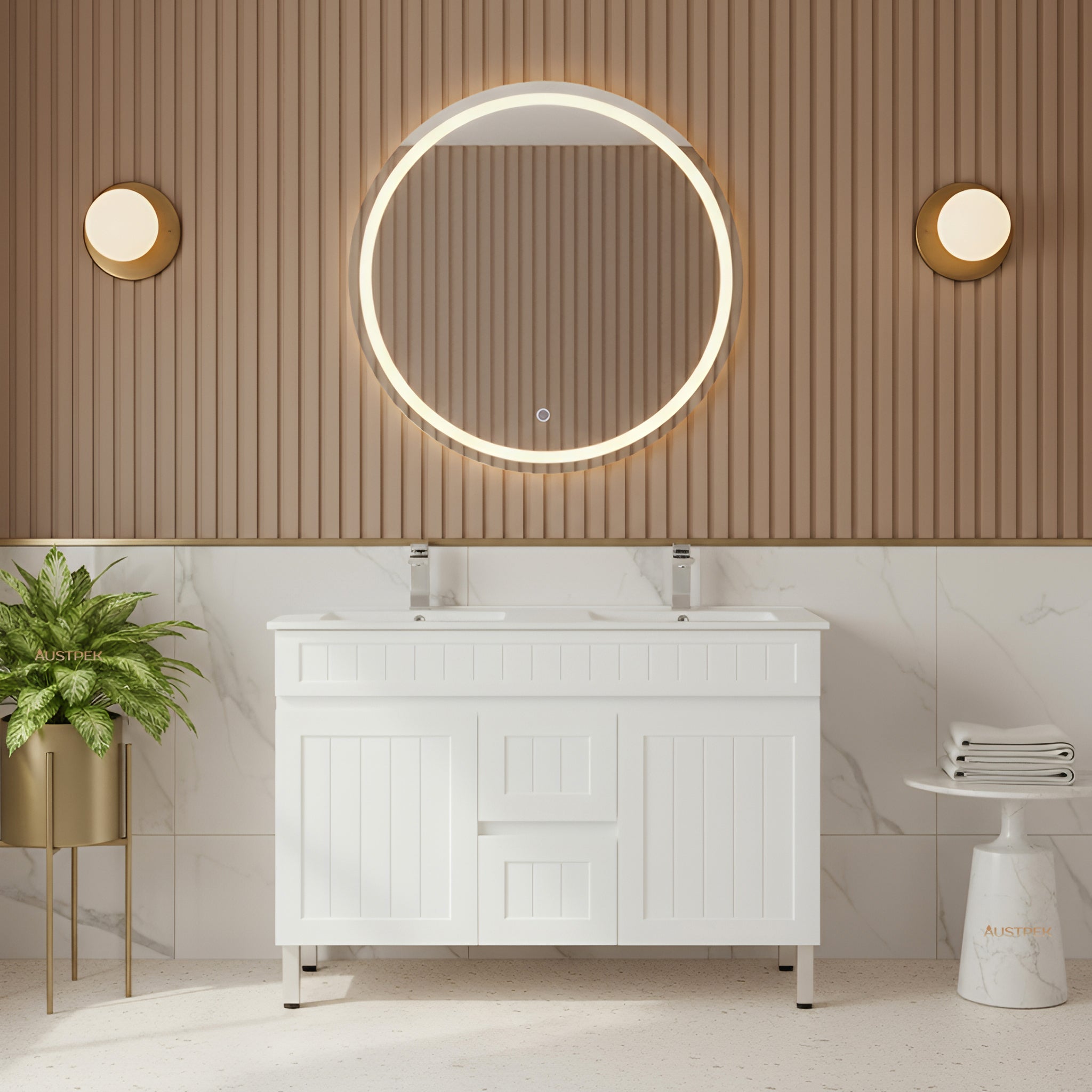 CETO ACACIA SHAKER MATTE WHITE 1200MM DOUBLE BOWL FLOOR STANDING VANITY