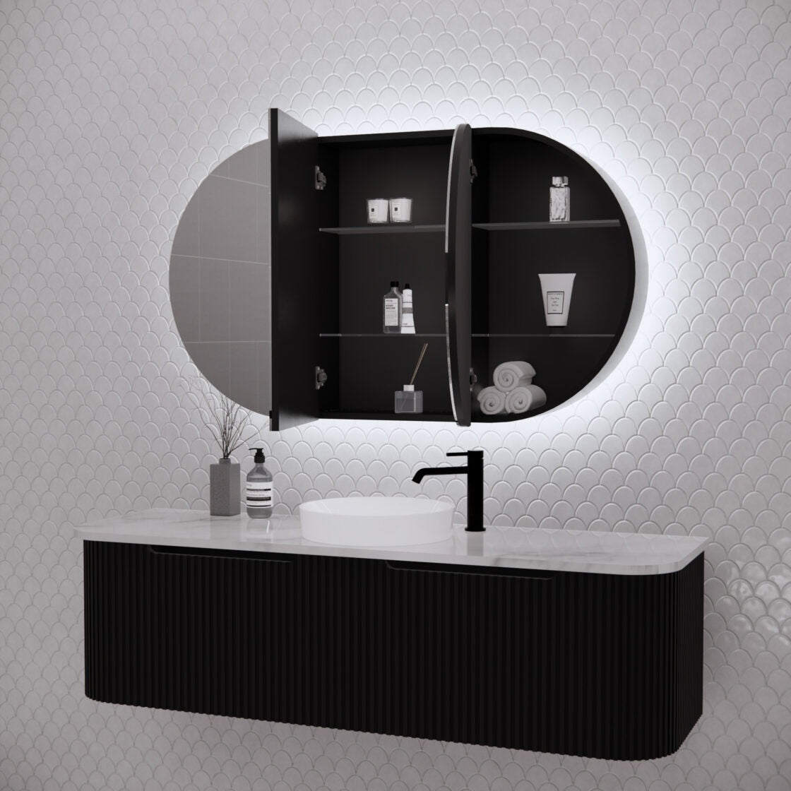 RIVA PARIS MATTE BLACK LED SHAVING CABINET 1200X700MM