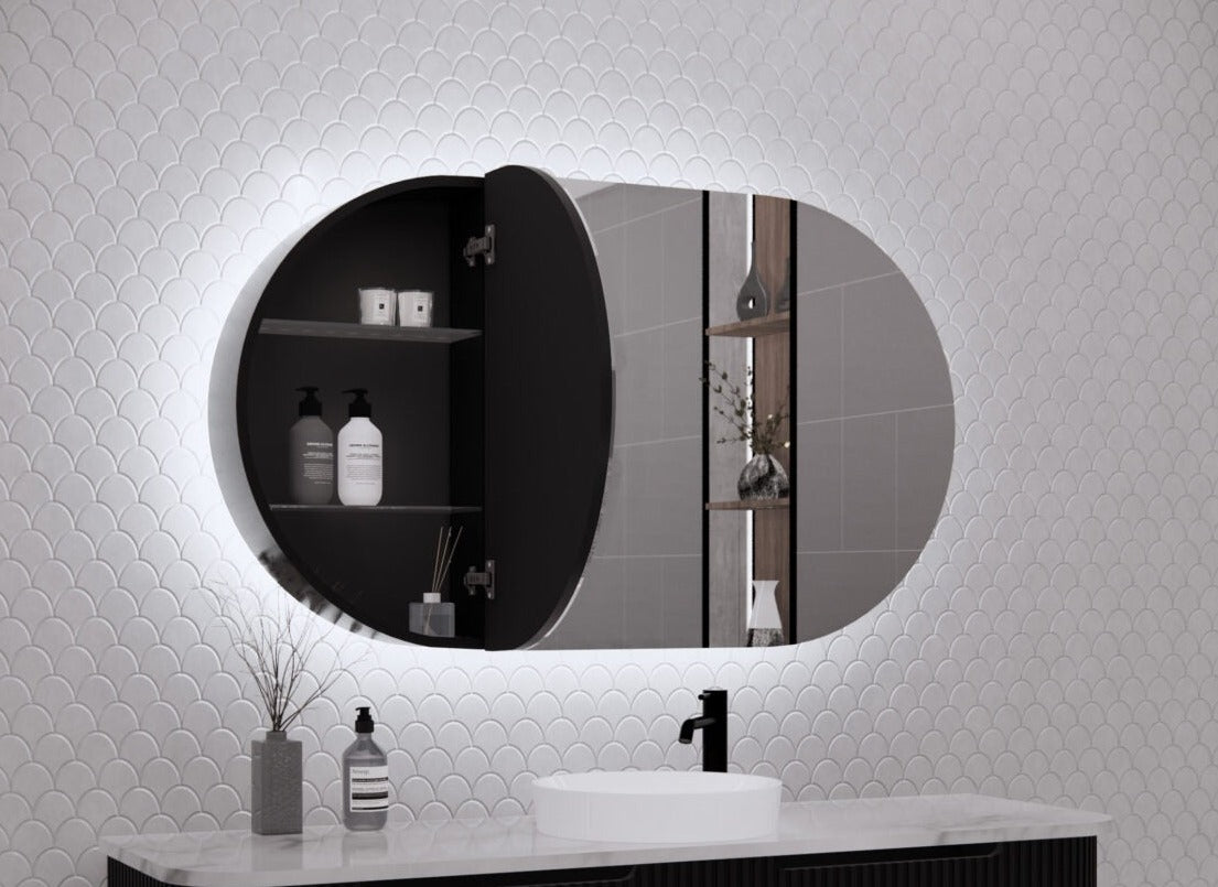RIVA PARIS MATTE BLACK LED SHAVING CABINET 1200X700MM