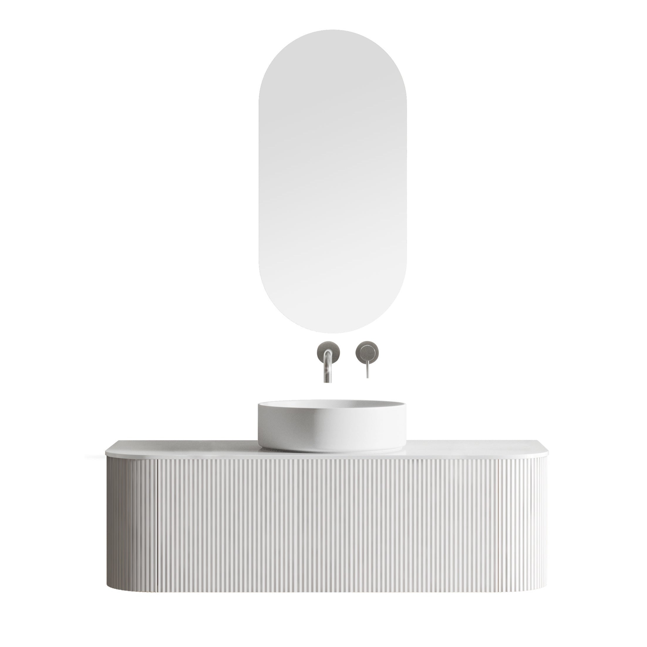 ORIO HAYMAN MATTE WHITE FLUTED 1200MM CURVE SINGLE BOWL WALL HUNG VANITY