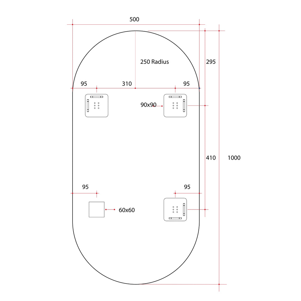 THERMOGROUP ABLAZE PILL SHAPE MIRROR WITH HANGERS INCLUDING DEMISTER 500X1000MM