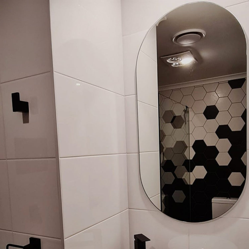 THERMOGROUP ABLAZE PILL SHAPE MIRROR WITH HANGERS INCLUDING DEMISTER 500X1000MM