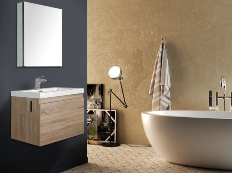 BEL BAGNO ROXANNE WHITE OAK 600MM SINGLE BOWL WALL HUNG VANITY