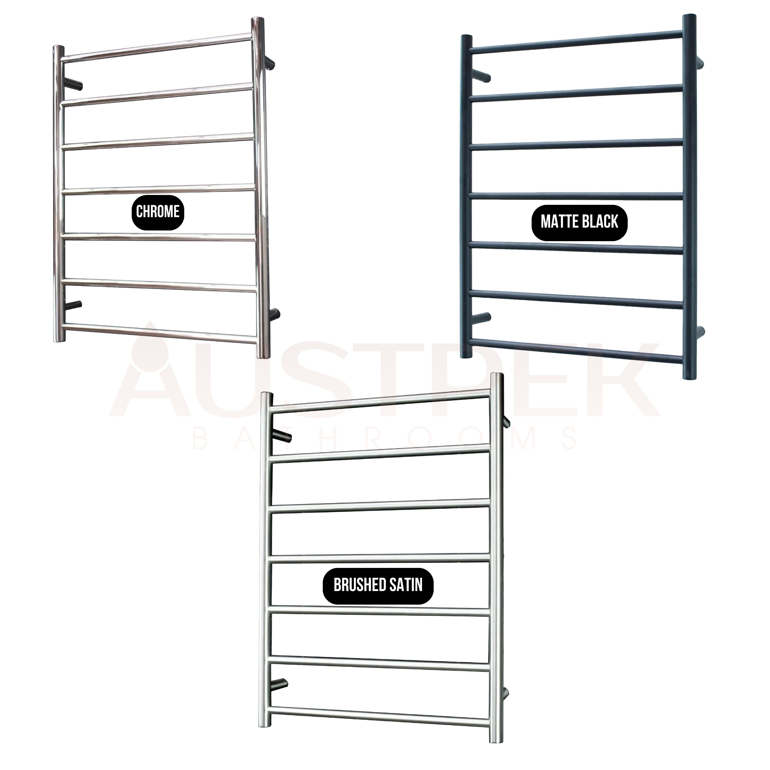 RADIANT HEATING 7-BARS ROUND HEATED TOWEL RAIL LOW VOLTAGE BRUSHED SATIN 600MM