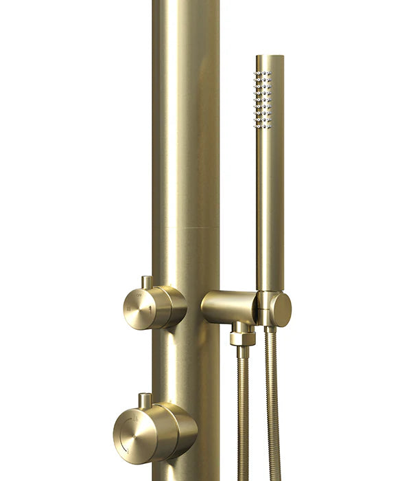RAINWARE MAROUBRA FREESTANDING OUTDOOR HOT AND COLD SHOWER AND HANDHELD BRUSHED BRASS