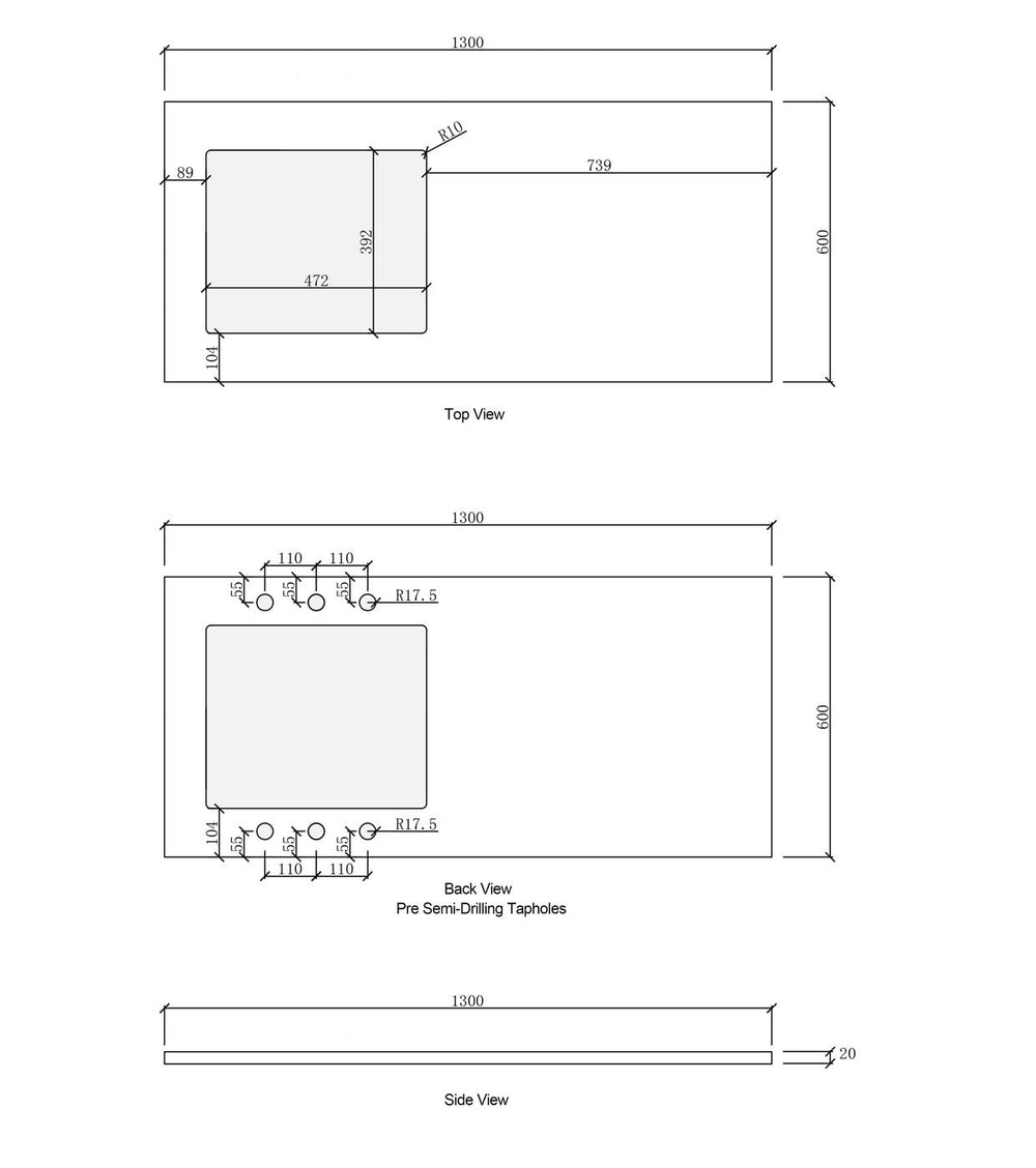 OTTI SOLID SURFACE 1300MM LAUNDRY CARRARA STONE TOP