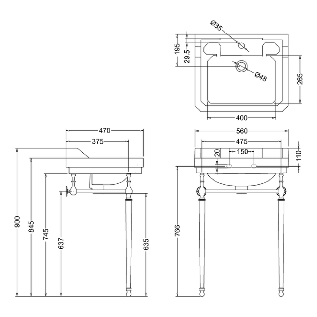 BURLINGTON 13133 BASIN TECHNICAL DRAWING WITH DIMENSIONS
