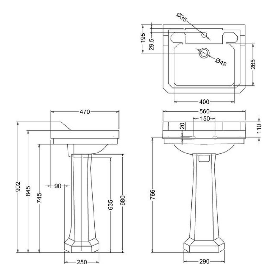 BURLINGTON 13135 BASIN TECHNICAL DRAWING WITH DIMENSIONS