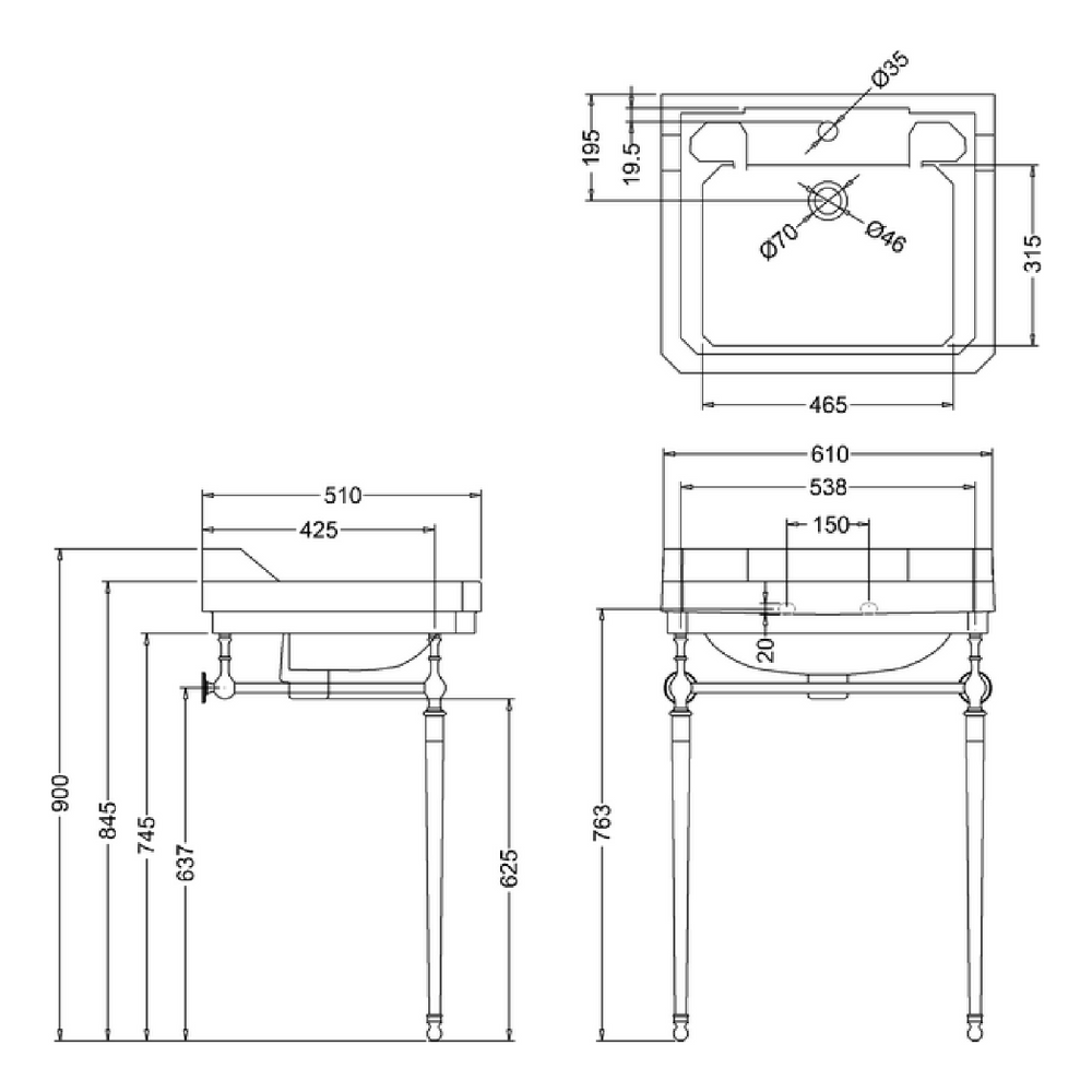 BURLINGTON 13137 BASIN TECHNICAL DRAWING WITH DIMENSIONS