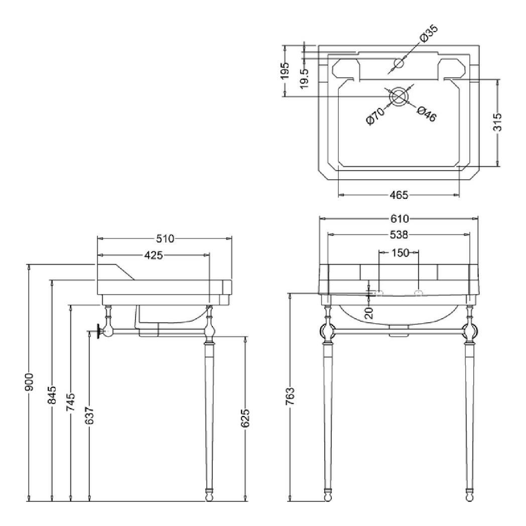 BURLINGTON 13137 BASIN TECHNICAL DRAWING WITH DIMENSIONS