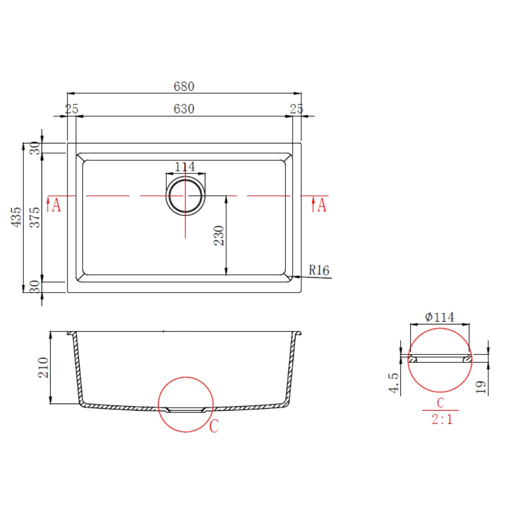IKON CORA GRANITE SINGLE BOWL ABOVE / UNDERMOUNT KITCHEN SINK MATTE BLACK 680MM