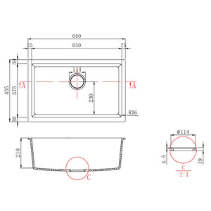 IKON CORA GRANITE SINGLE BOWL ABOVE / UNDERMOUNT KITCHEN SINK MATTE BLACK 680MM