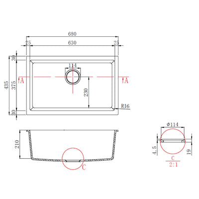 IKON CORA GRANITE SINGLE BOWL ABOVE / UNDERMOUNT KITCHEN SINK MATTE BLACK 680MM