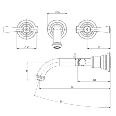 PHOENIX CROMFORD LEAD FREE WALL BASIN / BATH TAP SET 181MM MATTE BLACK