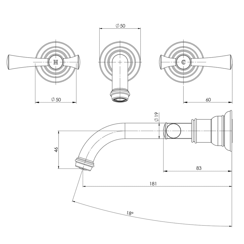 Phoenix Cromford Wall Basin / Bath Tap Set 181MM Line Drawing