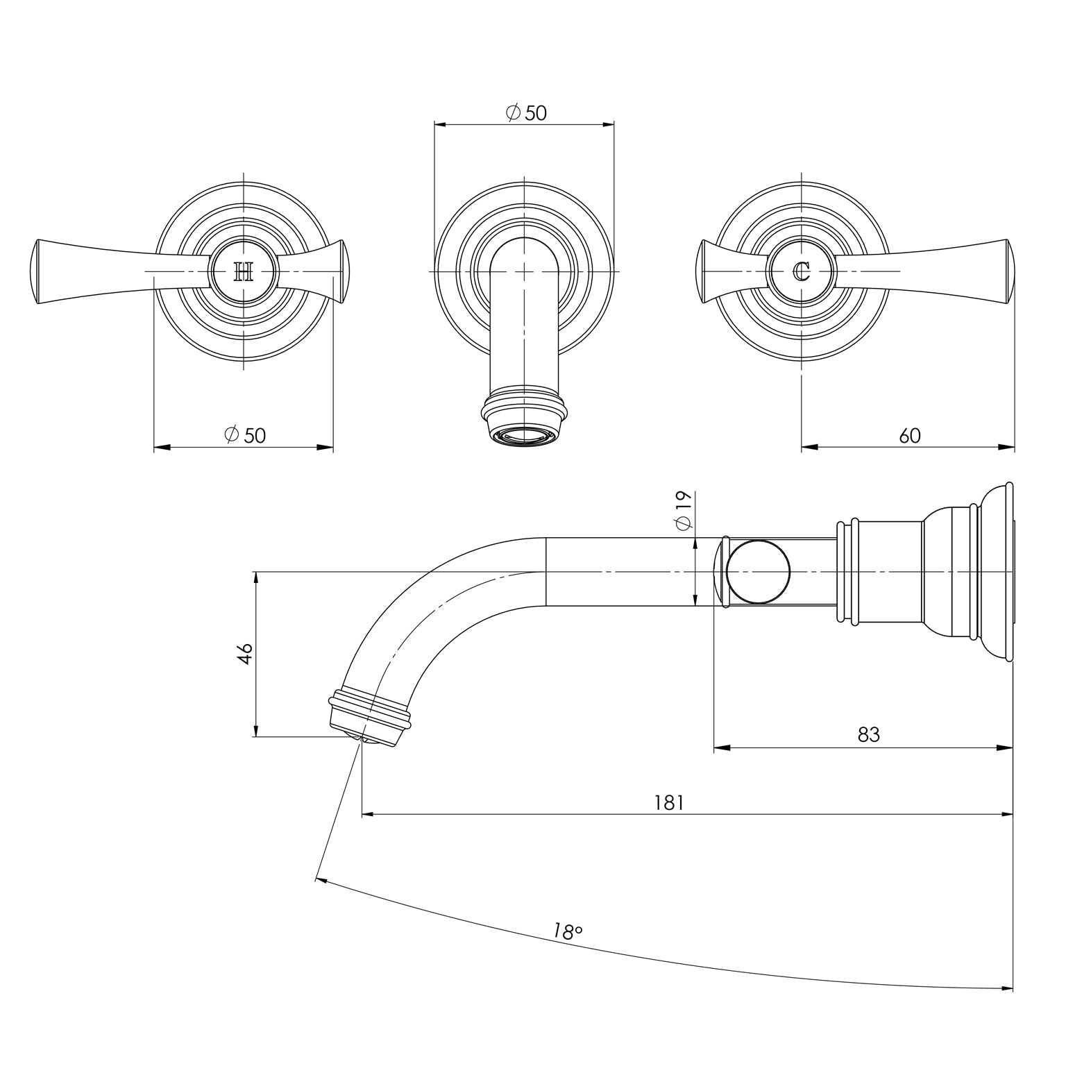 Phoenix Cromford Wall Basin / Bath Tap Set 181MM Line Drawing