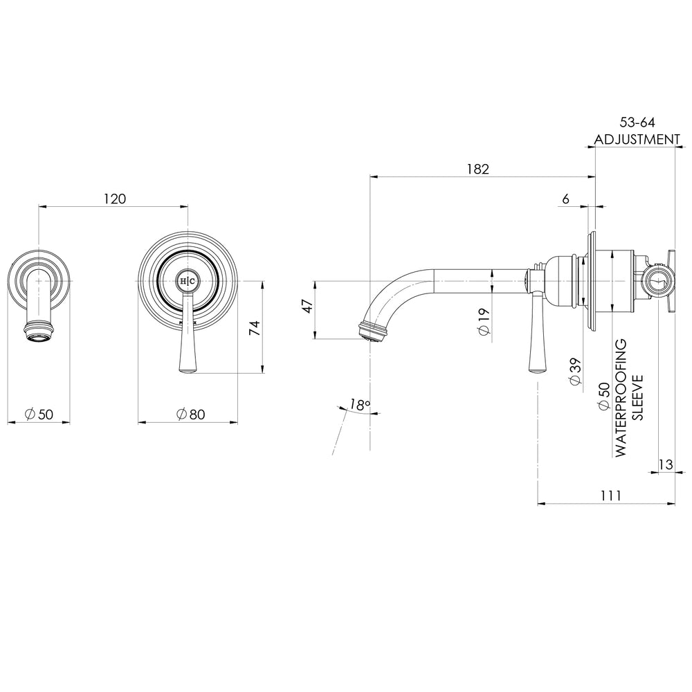 PHOENIX CROMFORD SWITCHMIX WALL BASIN / BATH MIXER SET 180MM BRUSHED BRONZE