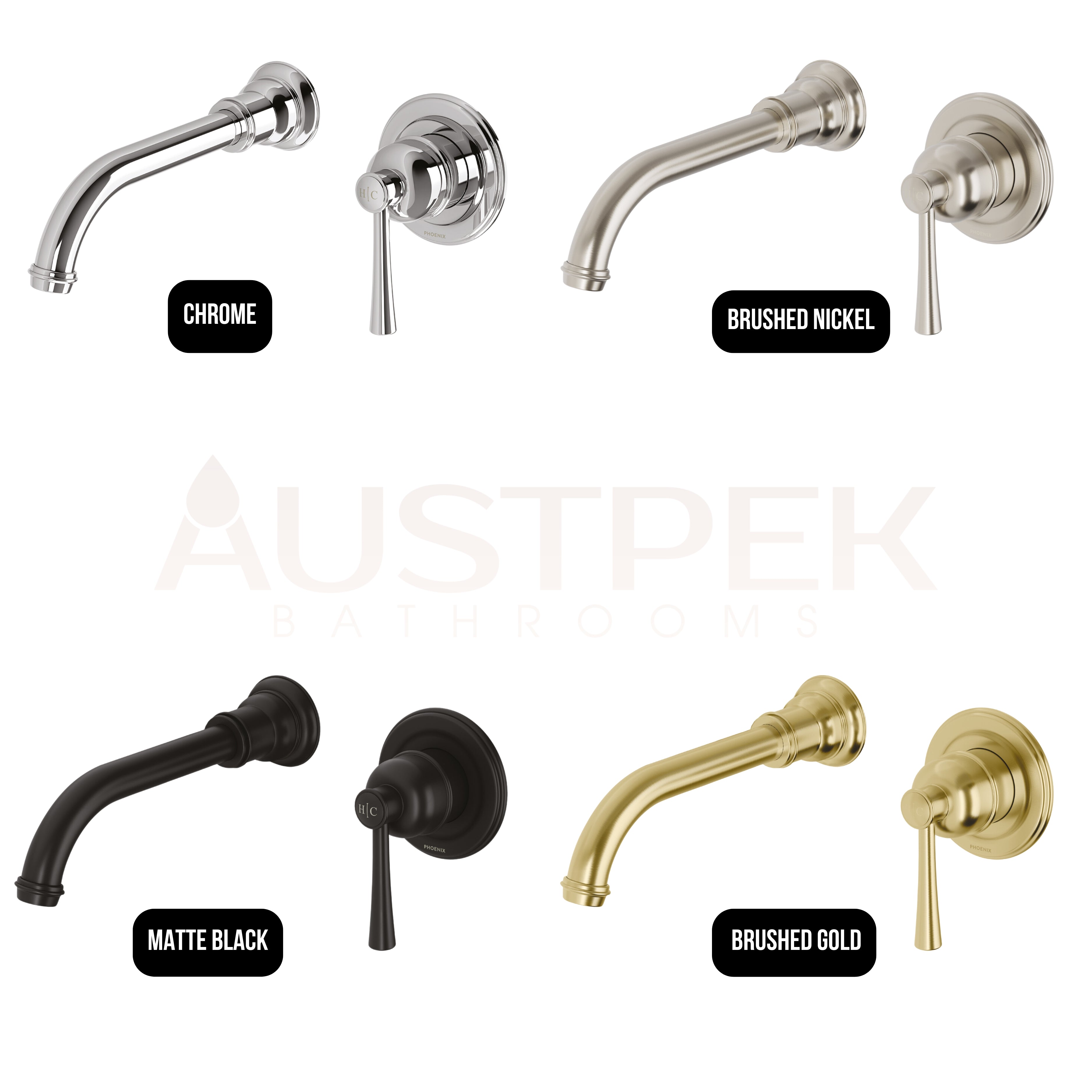 PHOENIX CROMFORD SWITCHMIX WALL BASIN MIXER SET FIT-OFF AND ROUGH-IN KIT 200MM BRUSHED GOLD