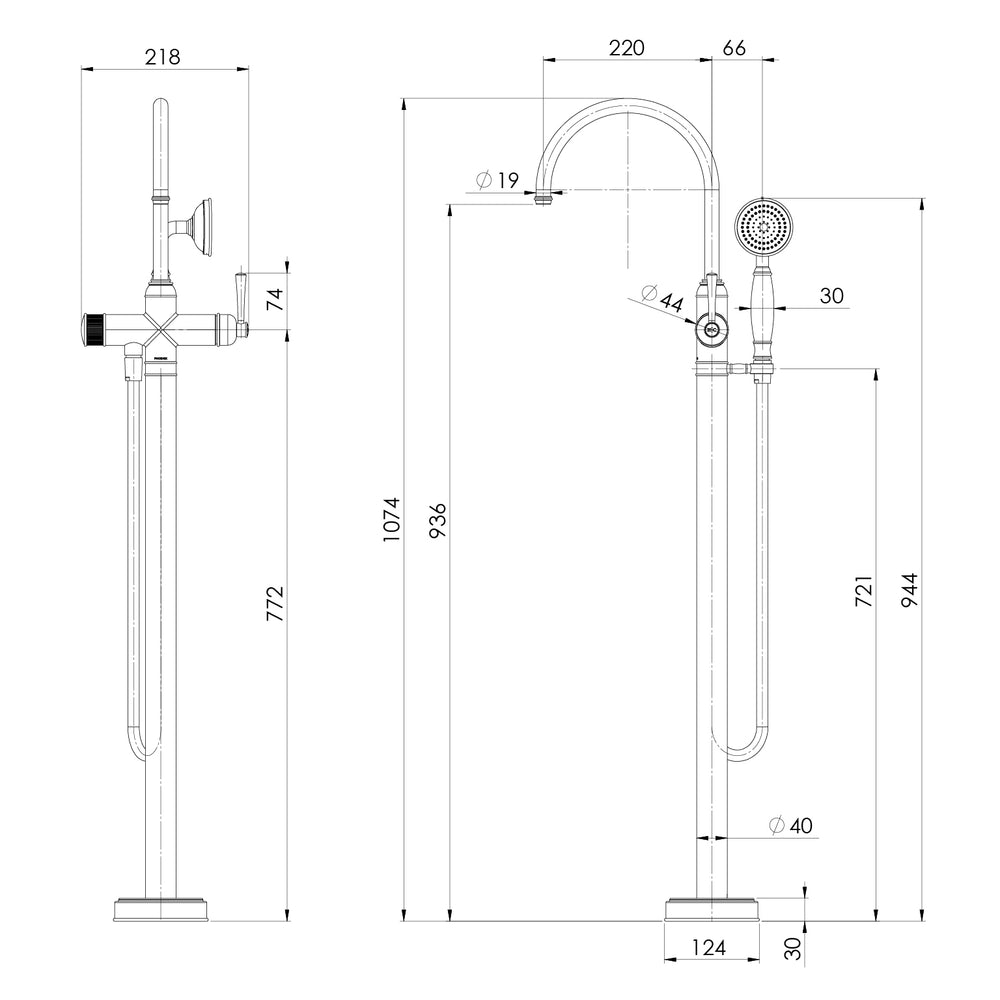 PHOENIX CROMFORD FLOOR MOUNTED BATH MIXER WITH HAND SHOWER 1074MM BRUSHED BRONZE