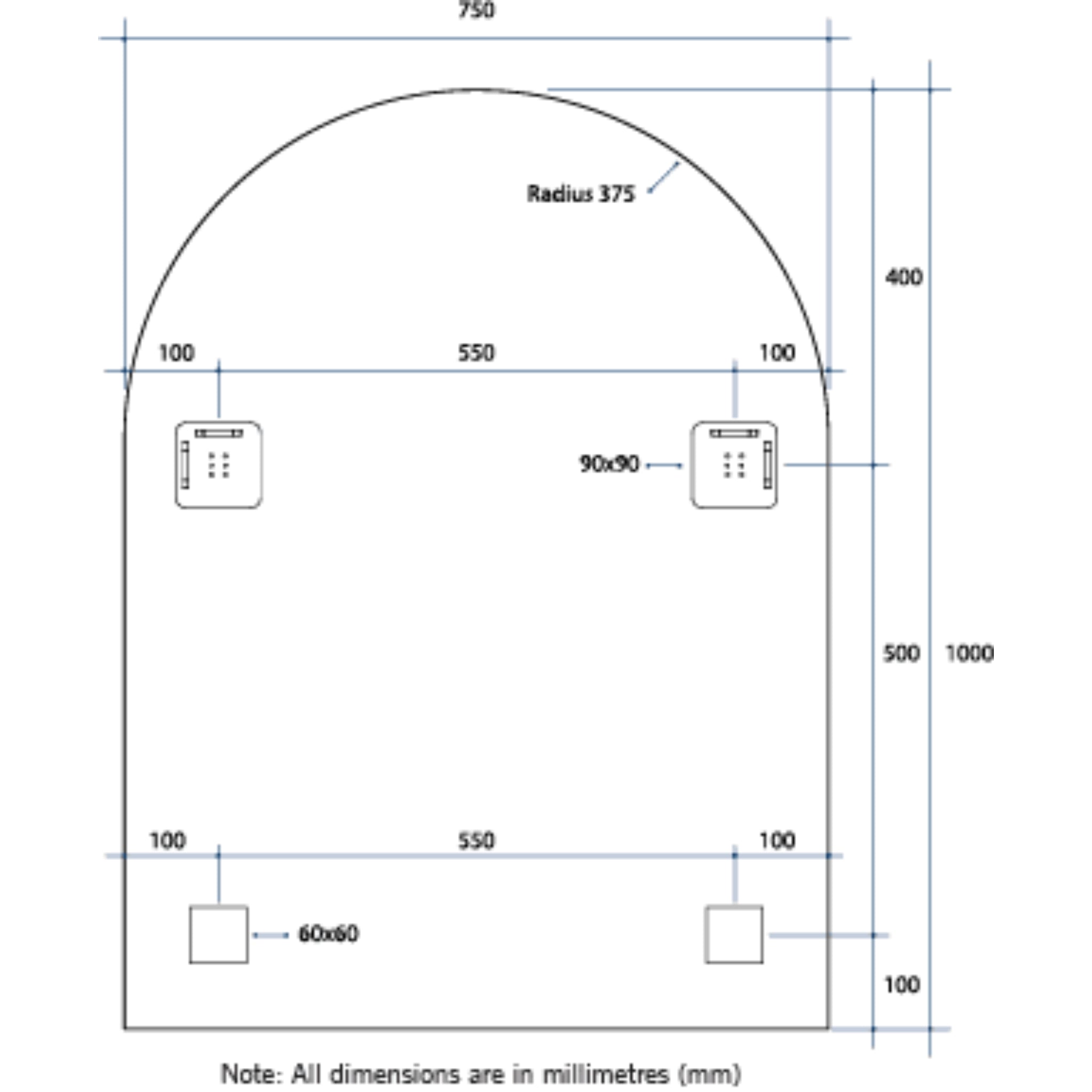 THERMOGROUP ABLAZE ARCH SHAPE MIRROR WITH HANGERS INCLUDING DEMISTER 750X1000MM