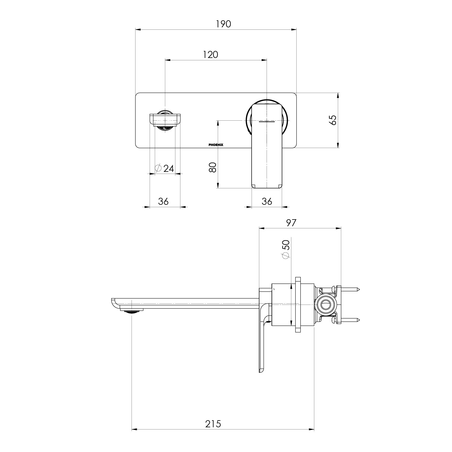 PHOENIX GLOSS MKII SWITCHMIX WALL BASIN / BATH MIXER SET FIT-OFF AND ROUGH-IN KIT CHROME