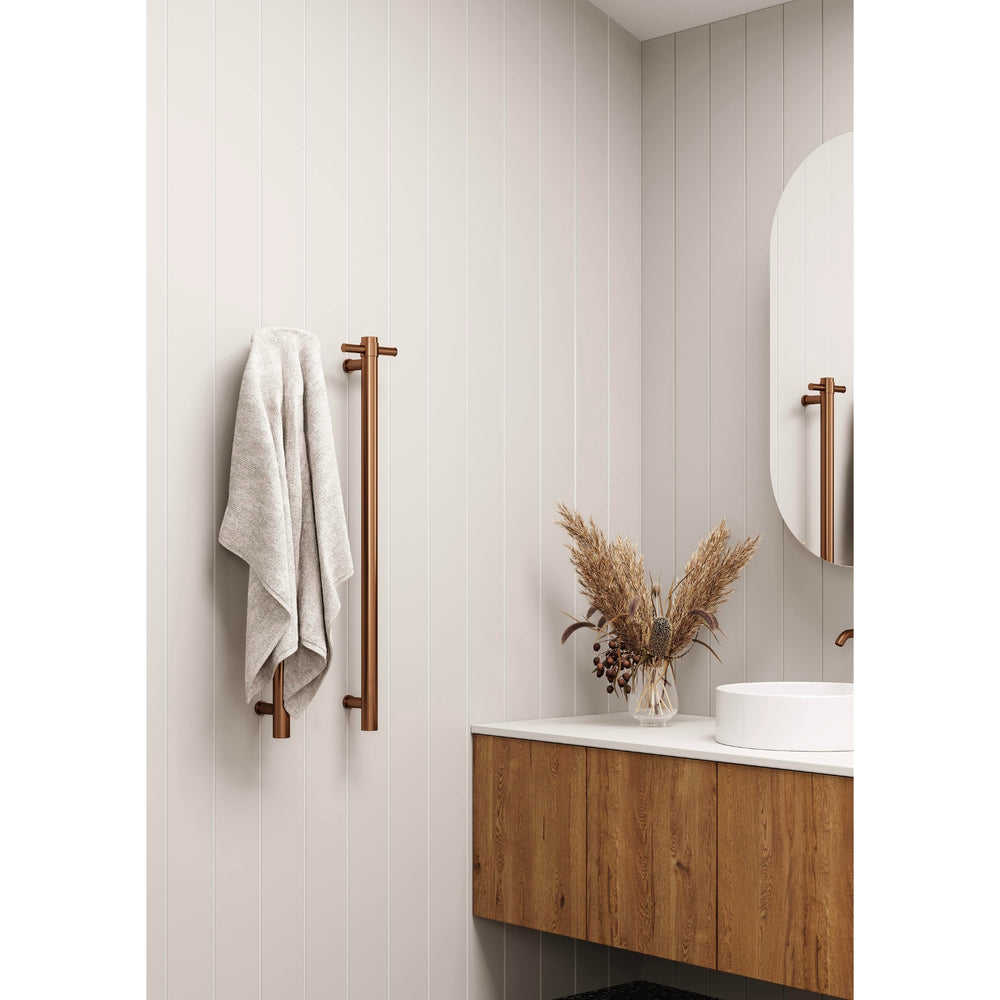 THERMOGROUP ROUND VERTICAL HEATED SINGLE TOWEL RAIL BRUSHED BRONZE 900MM