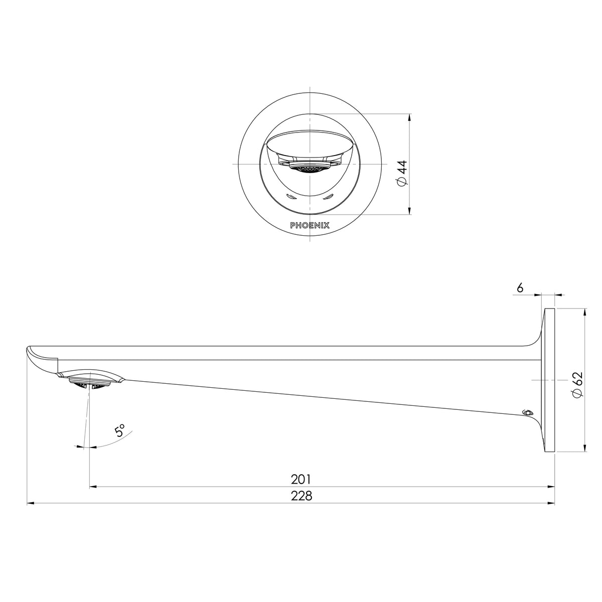 PHOENIX KUSABI WALL BASIN/BATH OUTLET 200MM BRUSHED CARBON