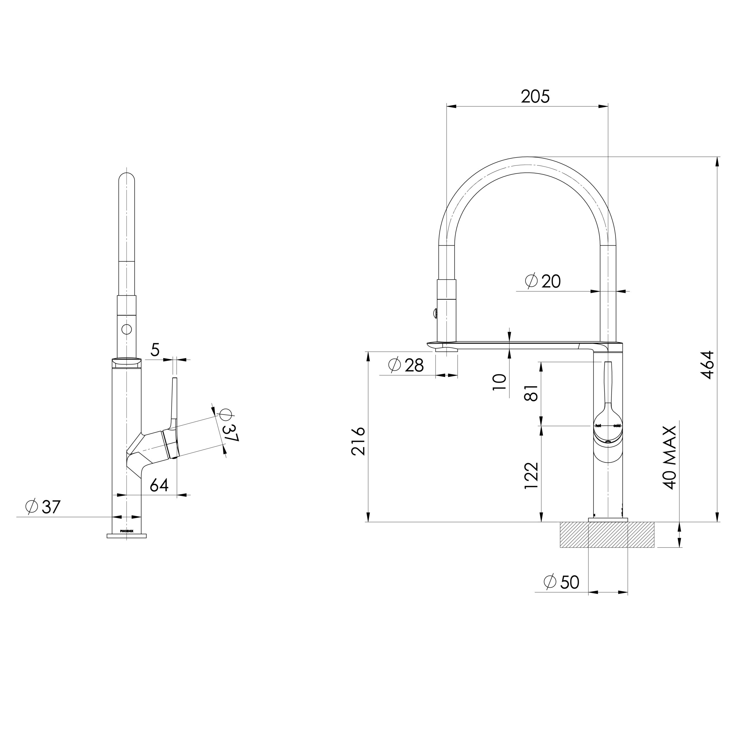 PHOENIX VASK FLEXIBLE SINK MIXER 464MM BRUSHED BRONZE