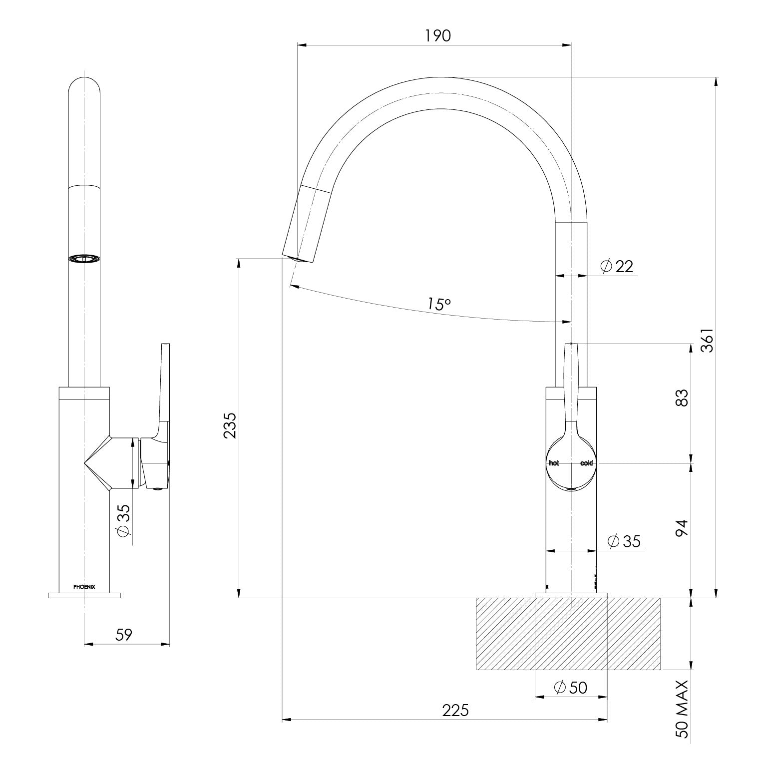 PHOENIX VASK LEAD FREE SINK MIXER 361MM BRUSHED CARBON