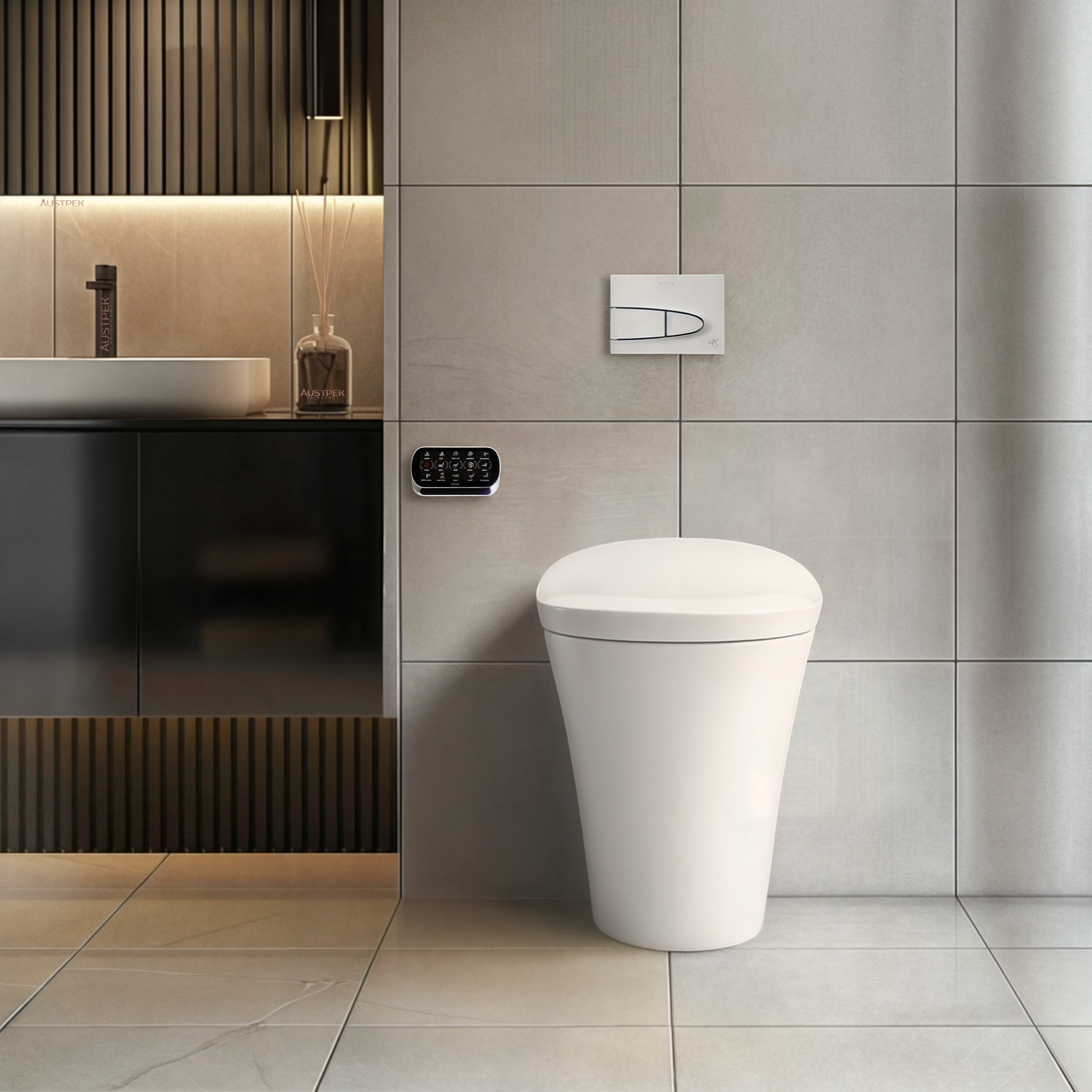 KOHLER VEIL INTELLIGENT RIMLESS WALL FACED TOILET W/ BLUETOOTH REMOTE WASHLET PACKAGE ELONGATED GLOSS WHITE