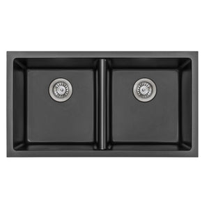IKON CORA GRANITE DOUBLE BOWL ABOVE / UNDERMOUNT KITCHEN SINK MATTE BLACK 848MM