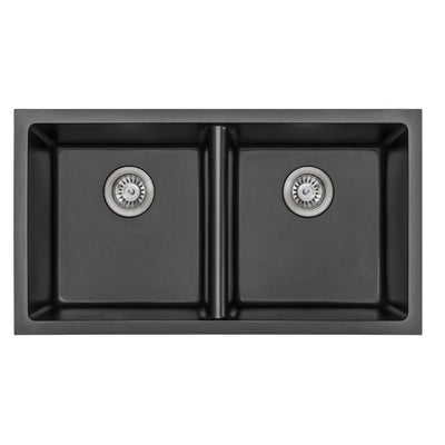 IKON CORA GRANITE DOUBLE BOWL ABOVE / UNDERMOUNT KITCHEN SINK MATTE BLACK 848MM