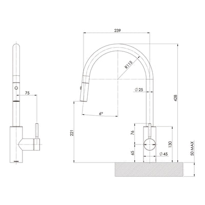 PHEONIX VIVID MKII LEAD FREE GOOSENECK PULL OUT SINK MIXER 428MM STAINLESS STEEL