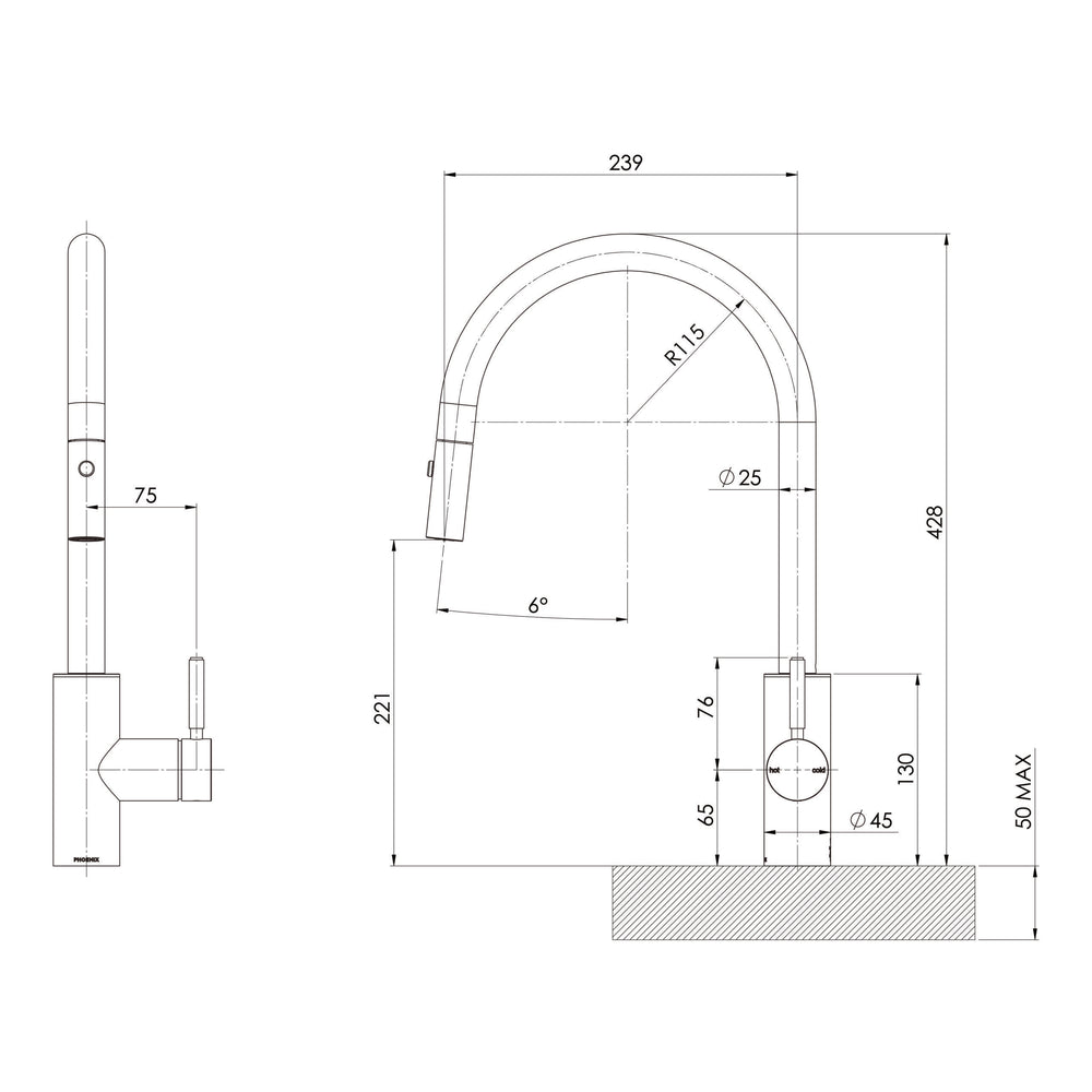 PHOENIX VIVID MKII PULL OUT SINK MIXER 240MM GOOSENECK BRUSHED BRONZE