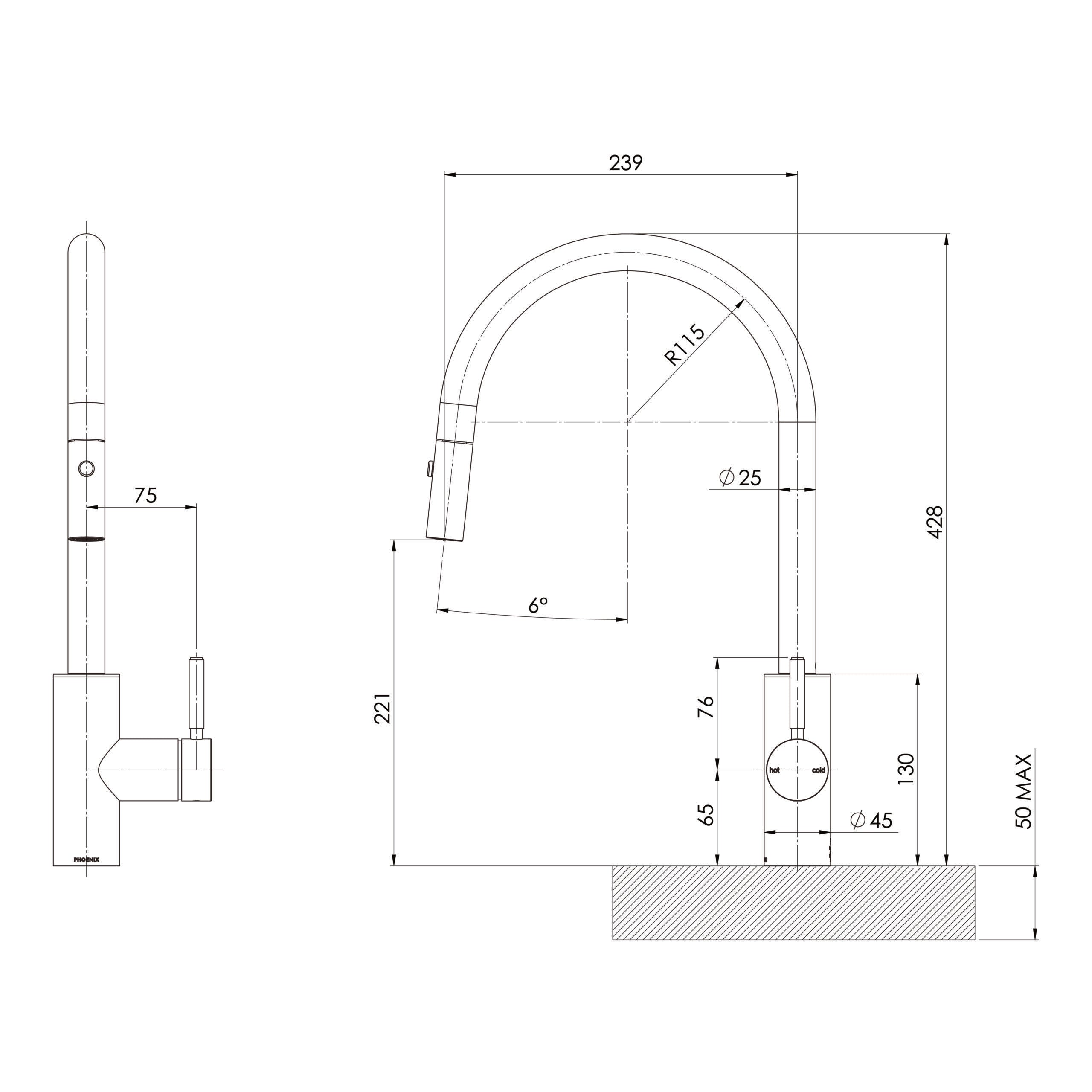 PHOENIX VIVID MKII PULL OUT SINK MIXER 240MM GOOSENECK BRUSHED BRONZE