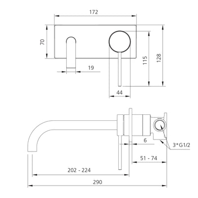 OLIVERI VENICE LEAD FREE CURVED WALL MIXER SET 172MM GUN METAL