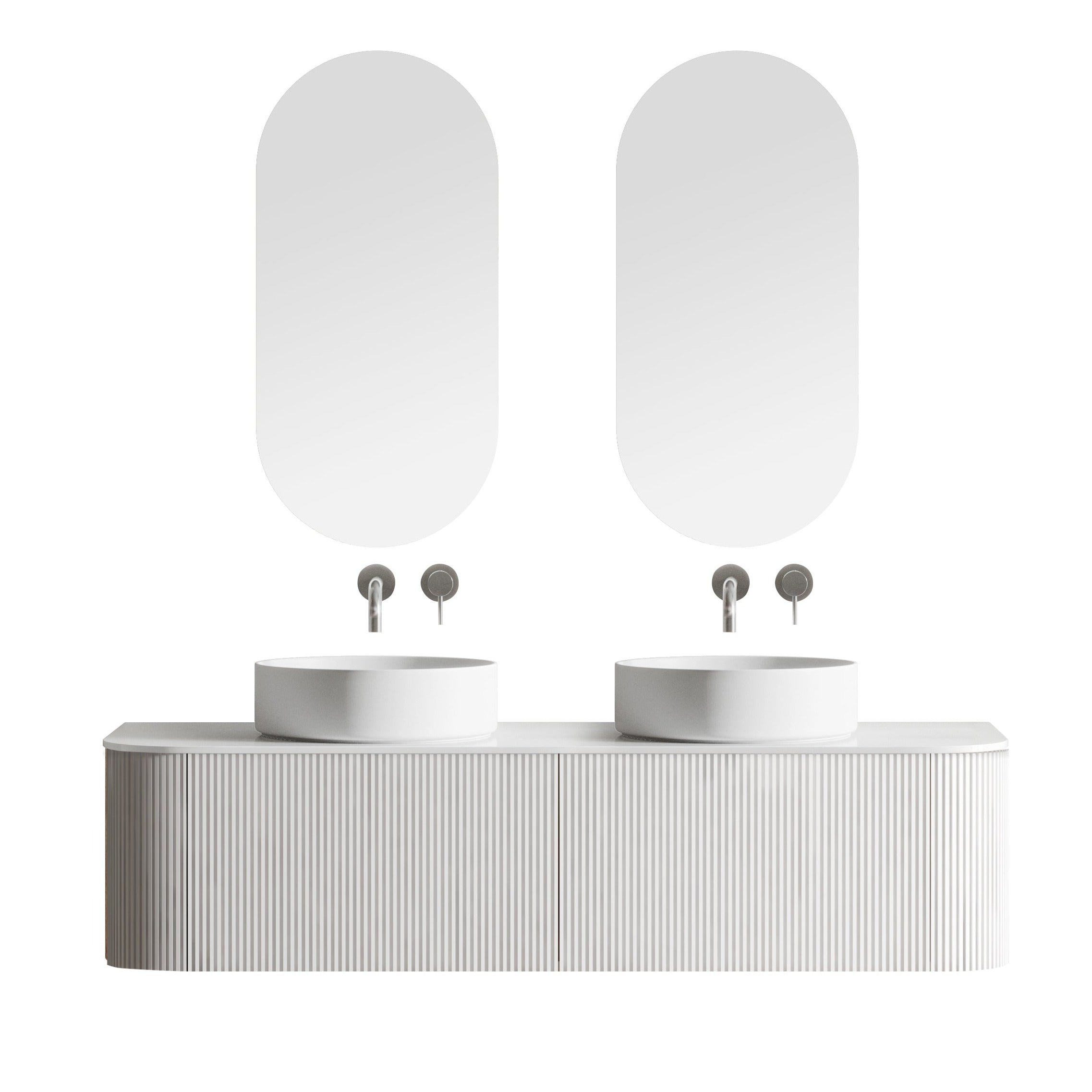 ORIO HAYMAN MATTE WHITE FLUTED 1500MM CURVE DOUBLE BOWL WALL HUNG VANITY