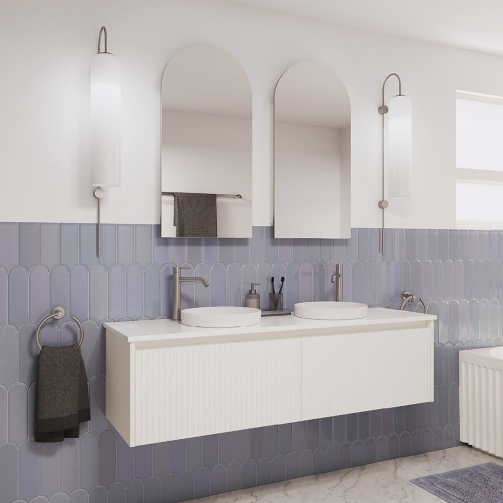 FIENZA ALINA SATIN WHITE FLUTED 1500MM DOUBLE BOWL WALL HUNG VANITY
