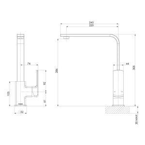 PHOENIX TEVA SQUARELINE SINK MIXER 305MM MATTE BLACK