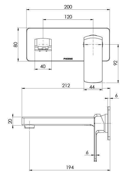 PHOENIX TEVA LEAD FREE WALL BASIN / BATH MIXER SET WITH TRIM KIT AND BODY 200MM MATTE BLACK
